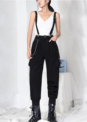 Art Black High Waist Pockets Carpenter Pants - SooLinen