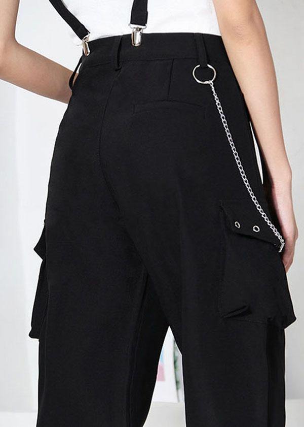 Art Black High Waist Pockets Carpenter Pants - SooLinen