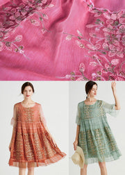 Art Green Embroideried O-Neck Loose Summer Flare Sleeve Dress - SooLinen