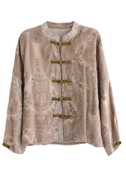 Art Khaki Stand Collar Jacquard Velour Shirt Long Sleeve