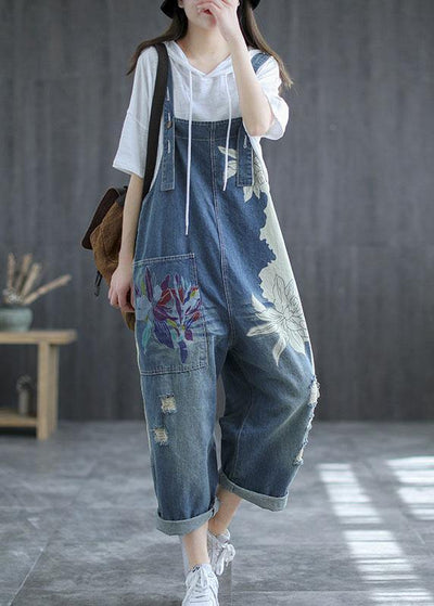 Art Navy Print Retro Hole Pockets Overall Jumpsuit Summer - SooLinen