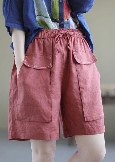 Art Red Tie Waist Patchwork Summer hot Pants Linen - SooLinen