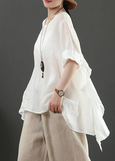 Art o neck half sleeve linen blouses for women white shirts - SooLinen