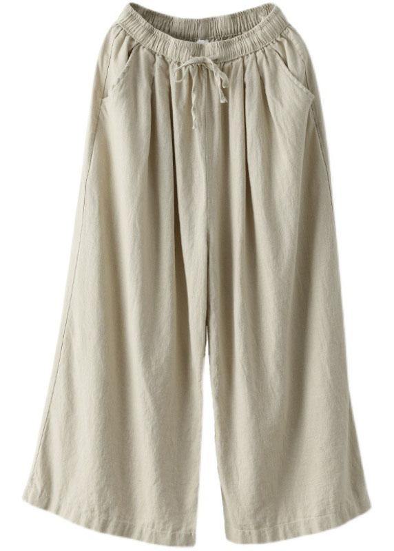 Beautiful Beige Elastic Waist tie waist Wide Leg Pants Linen - SooLinen