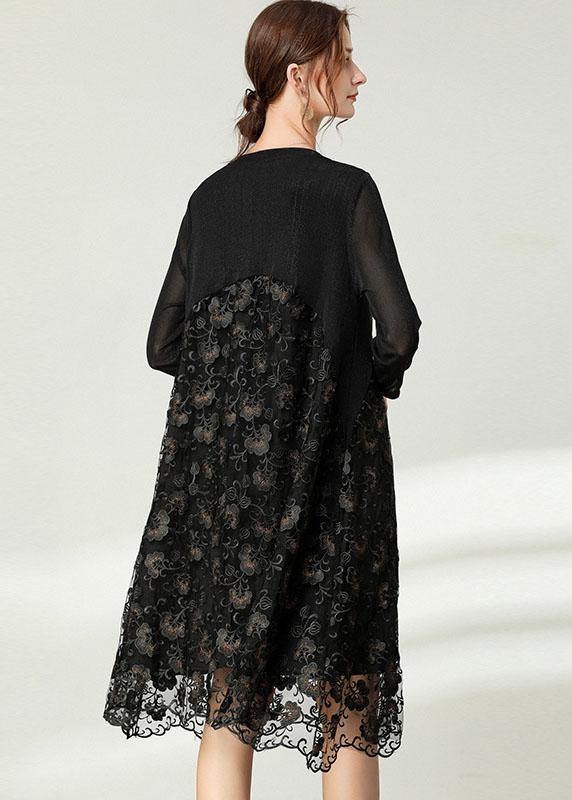 Beautiful Black Lace Patchwork Fall Dress Long Sleeve - SooLinen