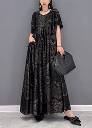 Beautiful Black O-Neck Print Pockets Long Dresses Short Sleeve