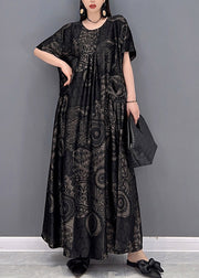 Beautiful Black O-Neck Print Pockets Long Dresses Short Sleeve