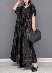 Beautiful Black O-Neck Print Pockets Long Dresses Short Sleeve