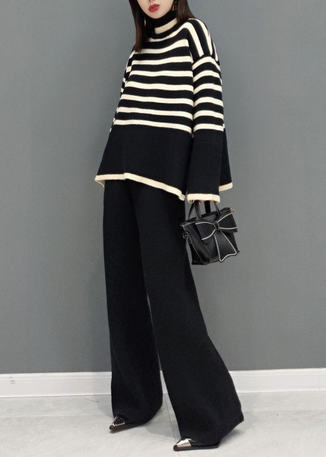 Beautiful Black Turtle Neck Striped Knit Two Piece Suit Set Spring