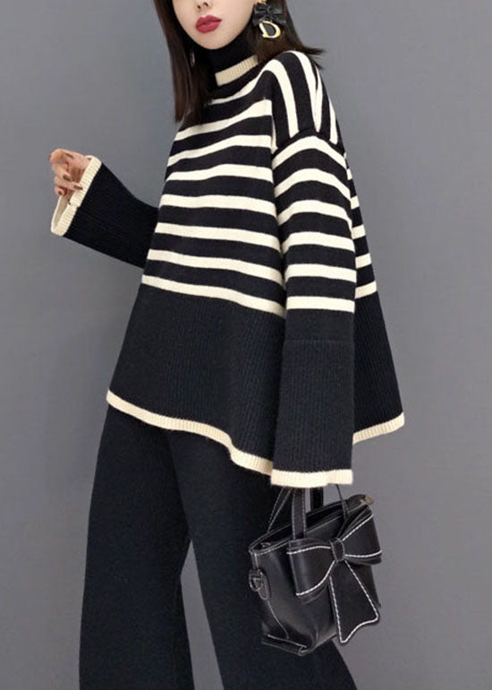 Beautiful Black Turtle Neck Striped Knit Two Piece Suit Set Spring