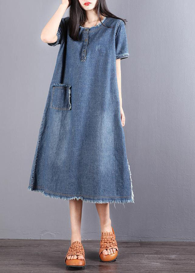 Beautiful Blue Pockets Button Fall Denim Short Sleeve Party Dress