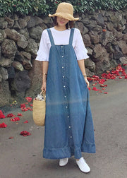 Beautiful Blue Ruffled Button Spaghetti Strap Long Dress Sleeveless