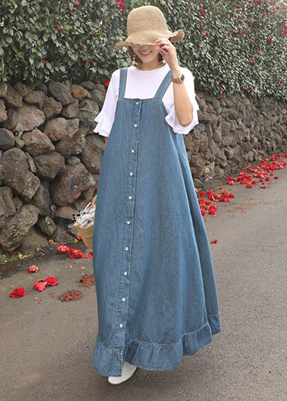 Beautiful Blue Ruffled Button Spaghetti Strap Long Dress Sleeveless