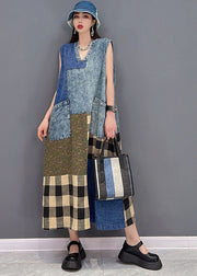 Beautiful Blue V Neck Pockets Patchwork Plaid Cotton Denim Long Dresses Sleeveless