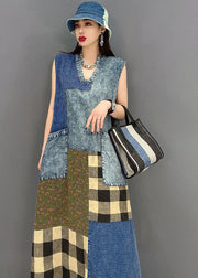 Beautiful Blue V Neck Pockets Patchwork Plaid Cotton Denim Long Dresses Sleeveless