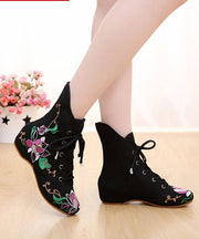 Beautiful Cross Strap Embroideried Ankle boots Black Cotton Fabric