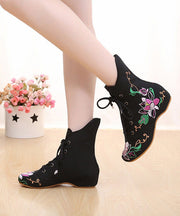 Beautiful Cross Strap Embroideried Ankle boots Black Cotton Fabric