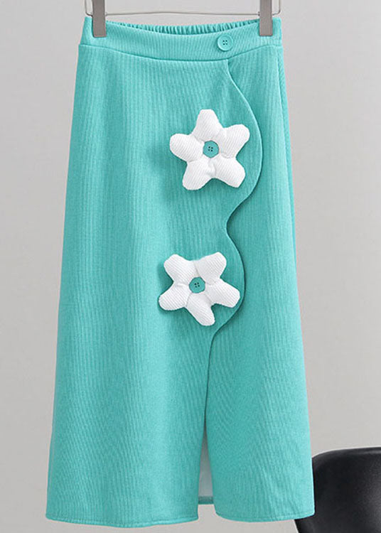 Beautiful Green Asymmetrical Floral Knit Skirt Spring