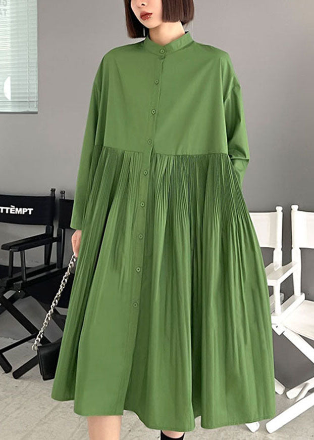 Beautiful Green wrinkled Pockets Button Fall Long sleeve Dress