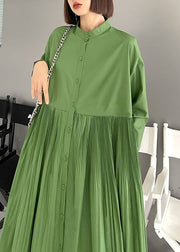 Beautiful Green wrinkled Pockets Button Fall Long sleeve Dress