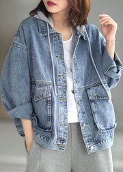 Beautiful Light Denim hooded Pockets Button Fall Long sleeve Coat - SooLinen