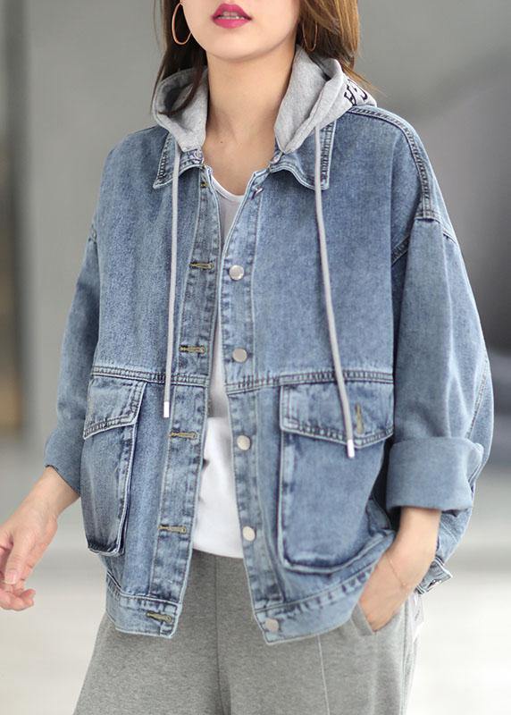 Beautiful Light Denim hooded Pockets Button Fall Long sleeve Coat - SooLinen