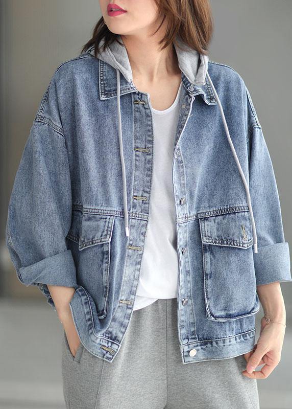 Beautiful Light Denim hooded Pockets Button Fall Long sleeve Coat - SooLinen