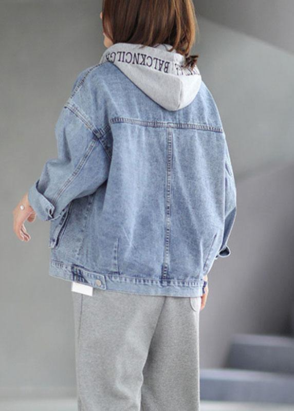 Beautiful Light Denim hooded Pockets Button Fall Long sleeve Coat - SooLinen