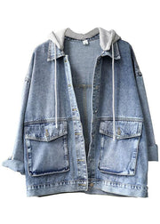 Beautiful Light Denim hooded Pockets Button Fall Long sleeve Coat - SooLinen