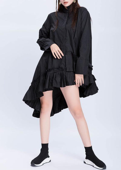 Beautiful black cotton top silhouette low high design Dresses ruffles hem shirts - SooLinen