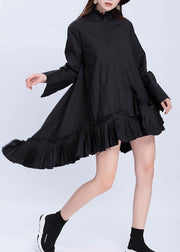 Beautiful black cotton top silhouette low high design Dresses ruffles hem shirts - SooLinen