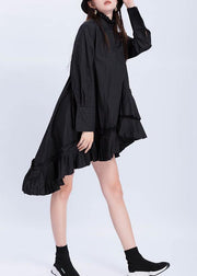 Beautiful black cotton top silhouette low high design Dresses ruffles hem shirts - SooLinen