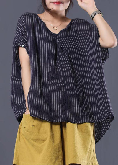 Beautiful black striped linen clothes For Women v neck baggy summer top - SooLinen