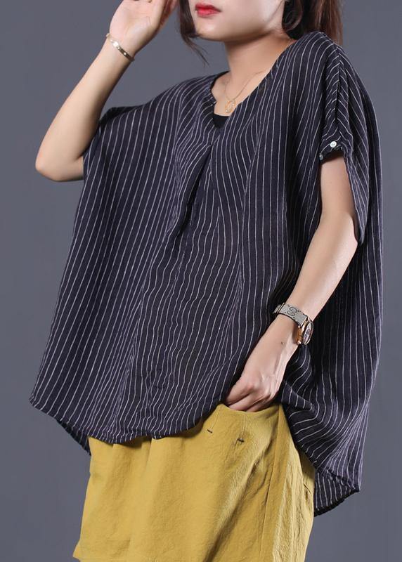 Beautiful black striped linen clothes For Women v neck baggy summer top - SooLinen