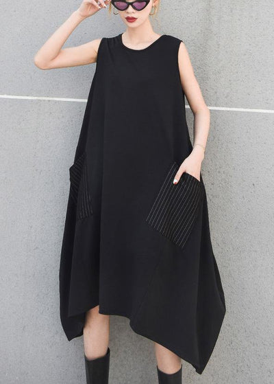 Beautiful black striped pockets cotton clothes sleeveless Maxi summer Dresses - SooLinen