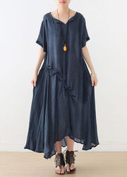 Beautiful blue Cinched cotton Tunics asymmetric long summer Dress - SooLinen