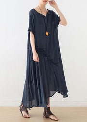 Beautiful blue Cinched cotton Tunics asymmetric long summer Dress - SooLinen