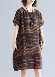 Beautiful chocolate dotted Cotton tunic top o neck pockets short Dress - SooLinen