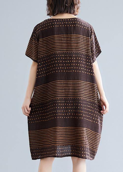 Beautiful chocolate dotted Cotton tunic top o neck pockets short Dress - SooLinen