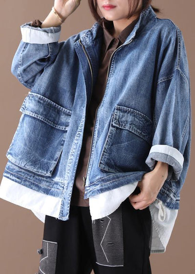 Beautiful stand collar zippered Fine crane coats denim blue Art women coats - SooLinen