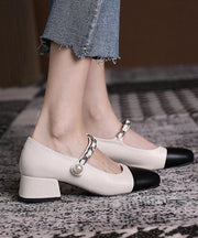 Beige Faux Leather Patchwork Casual Buckle Strap Chunky High Heels - SooLinen