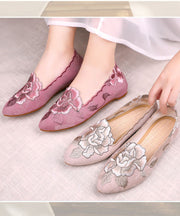 Beige Flat Feet Shoes Handmade Embroideried Cotton Fabric Pointed Toe Flat Shoes