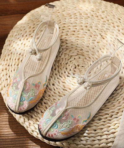 Beige Tulle Embroideried Oriental Flat Shoes - SooLinen