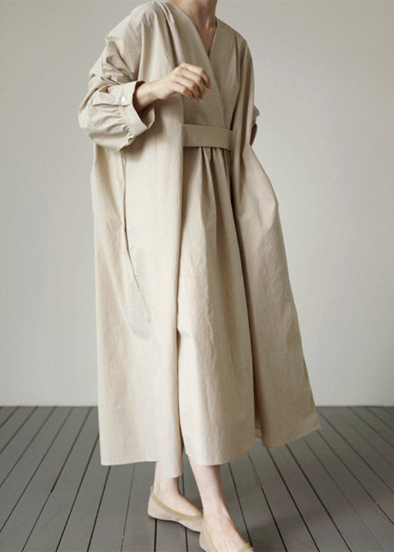 Beige V Neck Solid Wrinkled Cotton Dress Long Sleeve