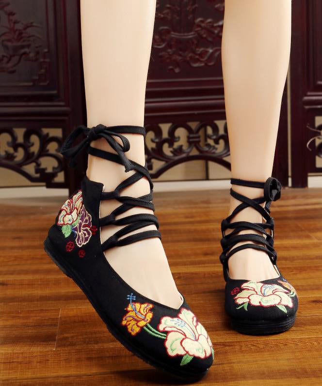 Black Cotton Fabric Embroideried Flats Handmade Cross Strap Flat Feet Shoes