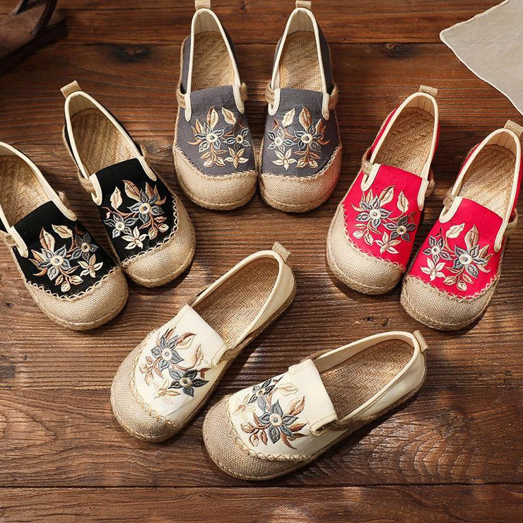 Black Embroideried Cotton Linen Fabric Splicing Flat Shoes - SooLinen