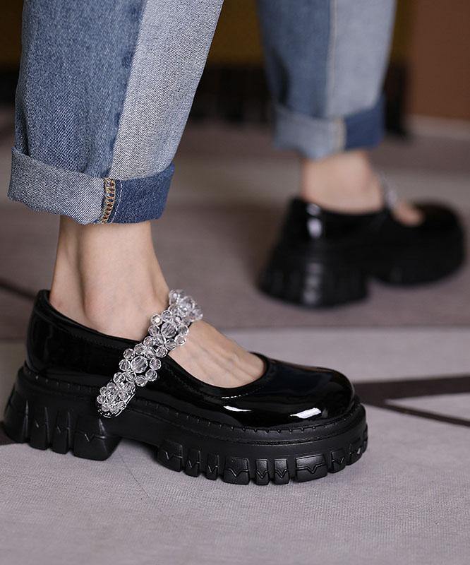 Black Flat Shoes Buckle Strap Platform Flat Shoes - SooLinen