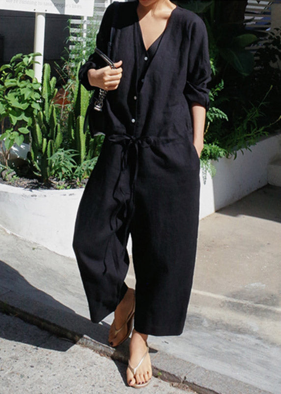 Black V Neck Tie Waist Linen Jumpsuit Spring