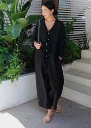 Black V Neck Tie Waist Linen Jumpsuit Spring