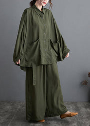 Blackish Green Two Piece Leisure Wide Legged Pants With Spring Art Loose Chiffon Shirt - SooLinen